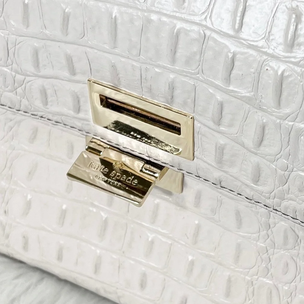 SOLD-Kate Spade Croc Leather Medium Satchel Handbag, Cream Ivory Beige - Picture 5 of 12